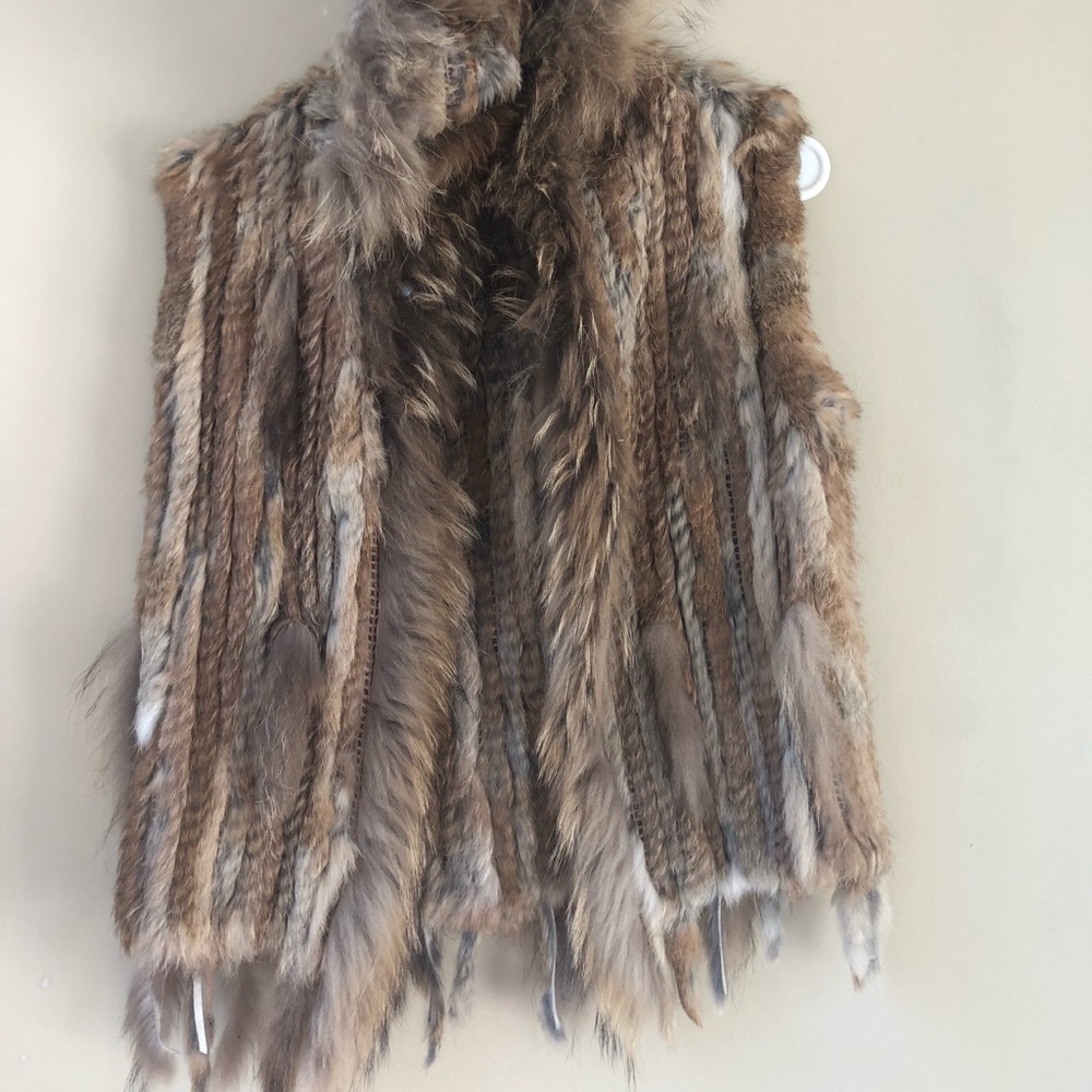 Rabbit fur vest with hood tan Grey authentic warm